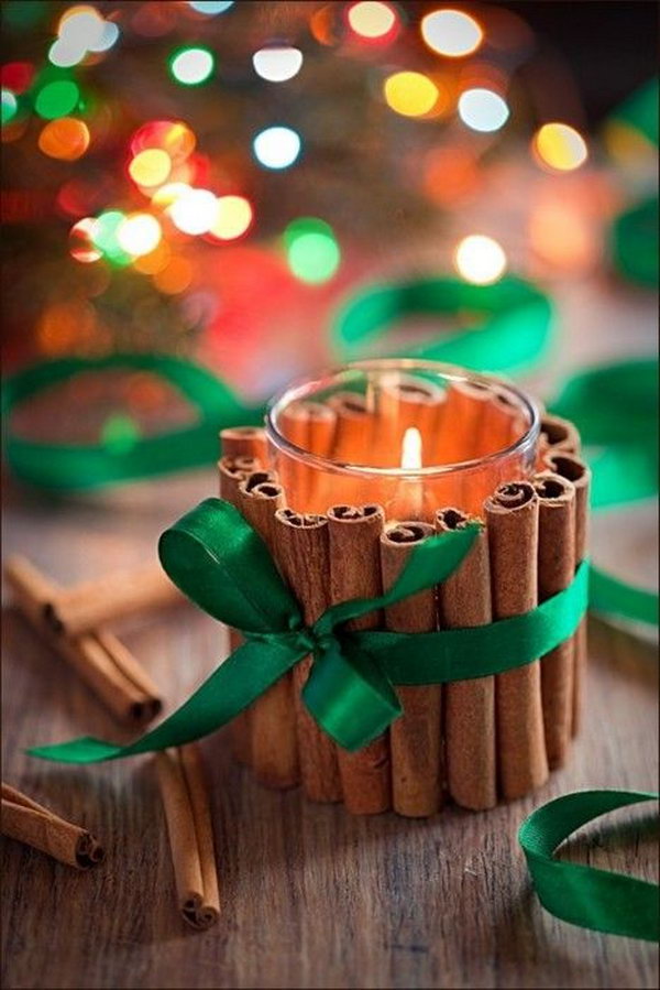 Simply glue your cinnamon stick around the jar being sure to line them up at the bottom. These cinnamon stick candles would be great not just for gifts but for a simple wedding centerpiece as well.
