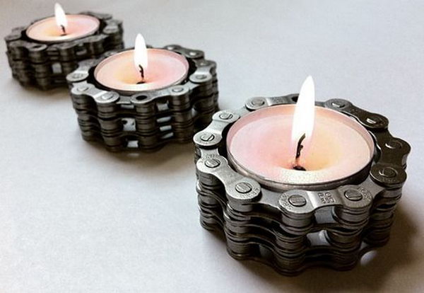 These delicate candles inside the durable repurposed bike chains creates the perfect combination of hard and soft elements.