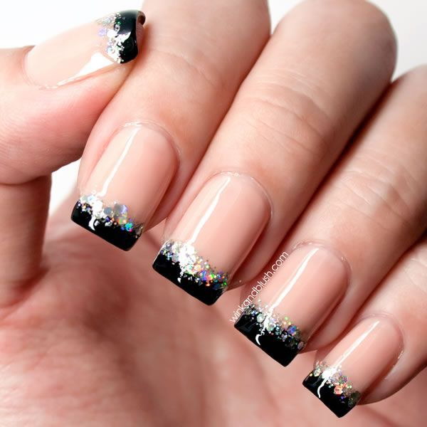 Simple French Manicure With Glitter Line