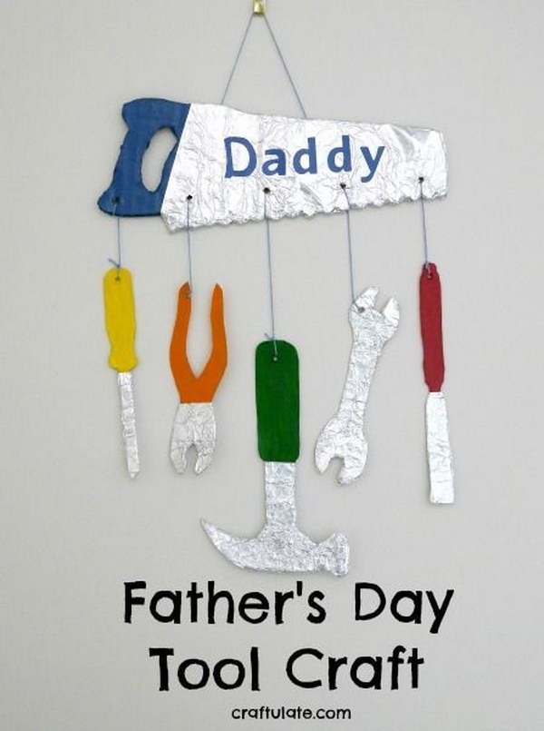 DIY Father's Day Tool Craft. This project is really cool for a crafty dad, because not only is it fun, but it is also made up of upcycled materials. Younger kids may need help though, because there are quite a few precision tasks involved in making this gift. 