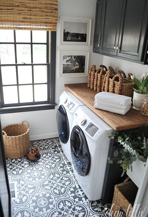 Natural White And Black Tile Floor For Laundry Room.