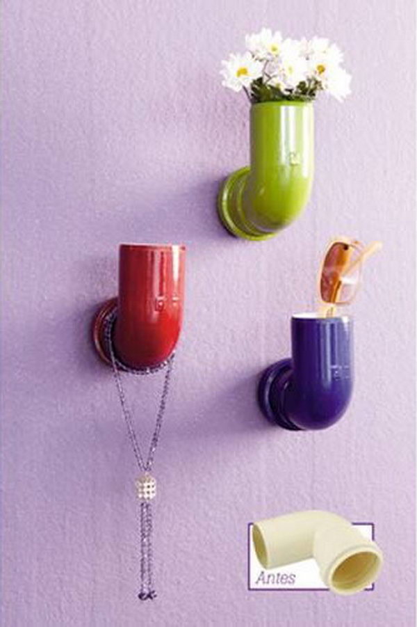 Repurpose PVC Pipe Elbows into Colorful Wall Hooks. 