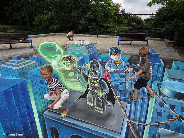3D Floor Art Lego Superheroes. 3D street painting at Legoland Windsor UK. It was created by Leon Keer and Roland Josuttis.