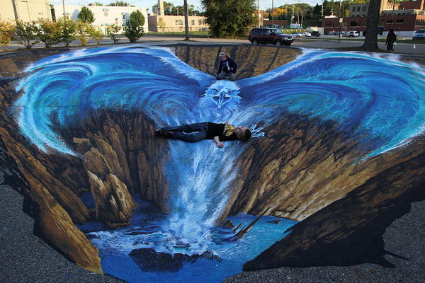 Pheonix 3D Street Art. Street painting of an Eagle rising from a gesyer of water.