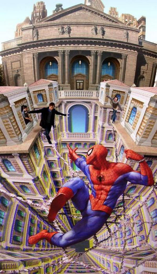 Spider Man. 3D street art of Kurt Wenner, a former NASA employee, who uses his mathematical skill to create three dimensional illusions on pavements across the world.