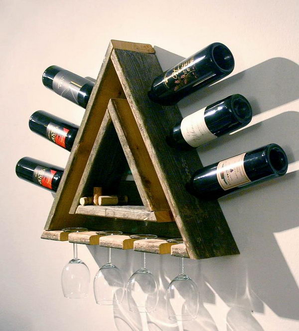 Triangular Wood Wine Rack. Really fun to create and have an aesthetic appeal that applies to your unique home. 