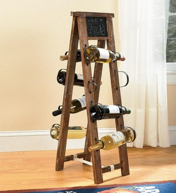 Repurposed Ladder Wine Rack. Really fun to create and have an aesthetic appeal that applies to your unique home. 
