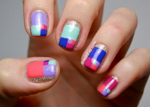 Cool Color Block Nail Art. A funky, modern look which stands out best when you use strong, contrasting colors. It involves painting neat geometric shapes on each fingernail, using different colored polishes.