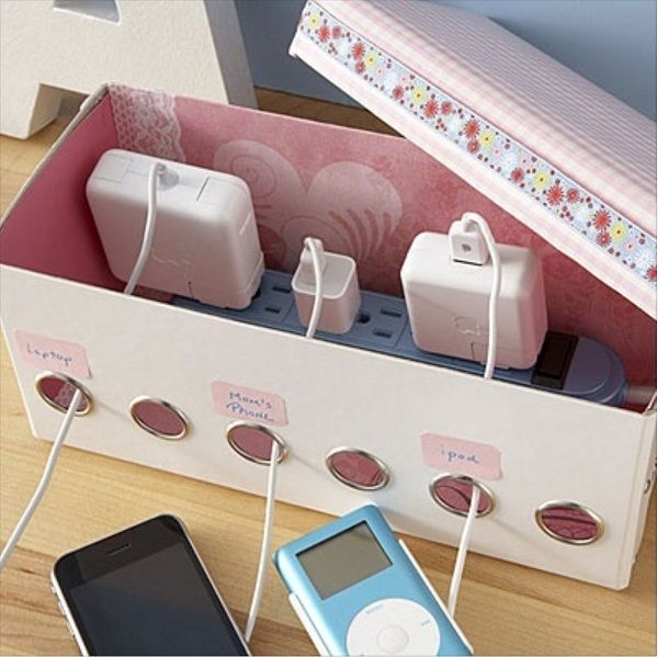 DIY Shoe Box Organizer for Power Strip. Creatively organized home office boosts your mood and make you more productive.