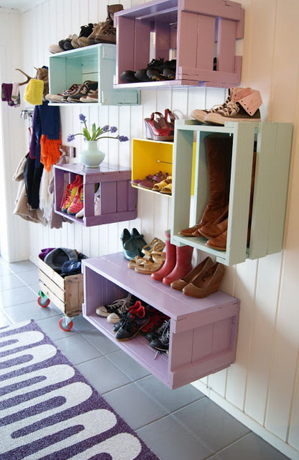 Wine Crates Shoe Racks on Wall, 