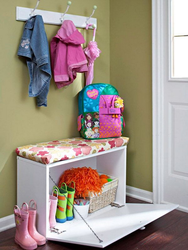 Entryway storage bench for small space. Allow you to store books, shoes and other items in the bench, and sit on it while having the supply's in the compartments.