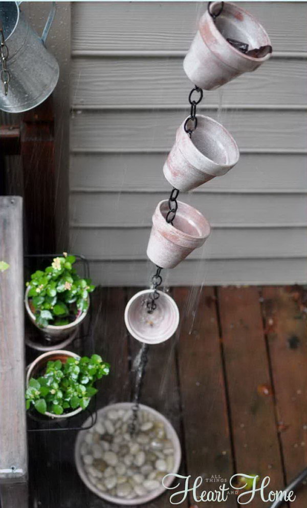 Adorable painted flower pot rain chain. Not only make a good sound and enhance your house exterior appearance, but also divert water away from your house. 