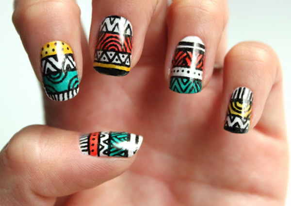 Cool Tribal Nail Art Ideas and Designs. Work to mark rites of passage, helped identify family members or work as a charm to ward off evil spirits. Wonderful for festive or special occasions.