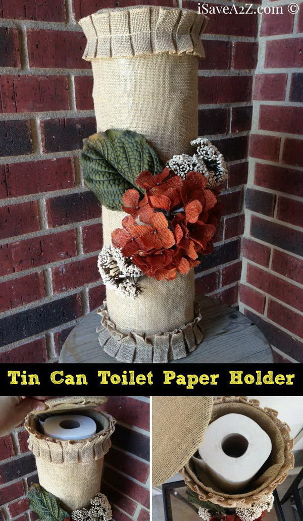 Turn your used tin cans into a toilet paper holder.