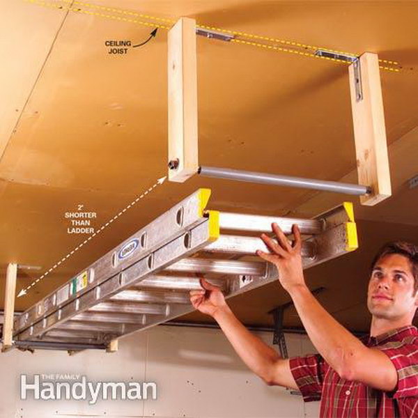 Overhead Garage Storage for Ladder. Build a simple rack to suspend a ladder from your garage ceiling.