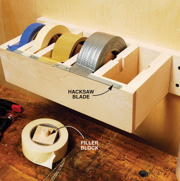 Tape Dispenser. Get fed up with rooting through a drawer to find the duct tape you want? Create a dispenser that mounts to the wall and keeps your tapes organized.