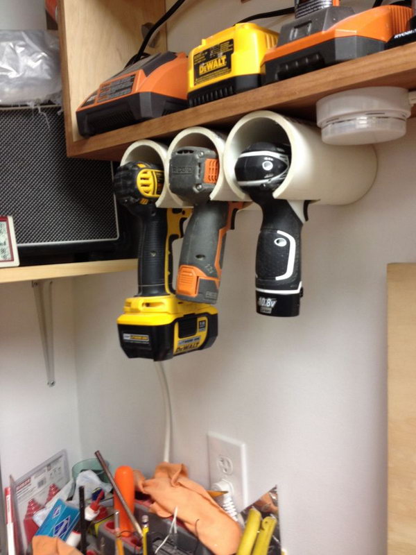 PVC Drill Holder. Got tired of losing your drills or power tools in the garage? PVC pipes can solve that problem.