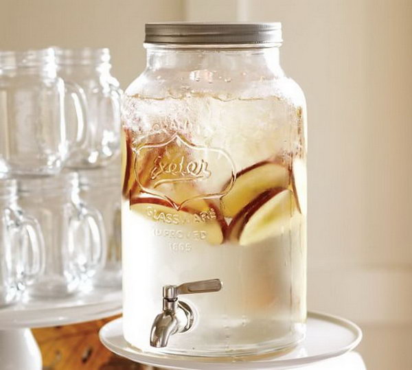 Mason Jar Drink Station. Mason jar inspired collection continues the tradition of casual entertaining. It's fantastic to let guests help themselves to lemonade or ice tea with this mammoth mason jar drink dispenser.