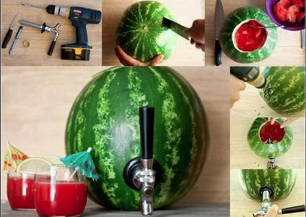Watermelon Drink Station. Drill a hole from the watermelon to introduce the tap. Fill in the hollowed out watermelon with drinks as you like. This watermelon beverage dispenser is sure the impress your guests with its stunning design.