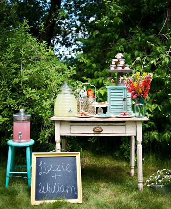 Rustic Drink Station. Design your drink station to coordinate with your party theme. Stack jars of fresh honey on a cake plate to serve a yummy and sweet flavor for your guests. Fill the dispensers with colorful juice to get the beverage as they like. All can be displayed on an old dresser or desk to highlight the elegant rustic style.