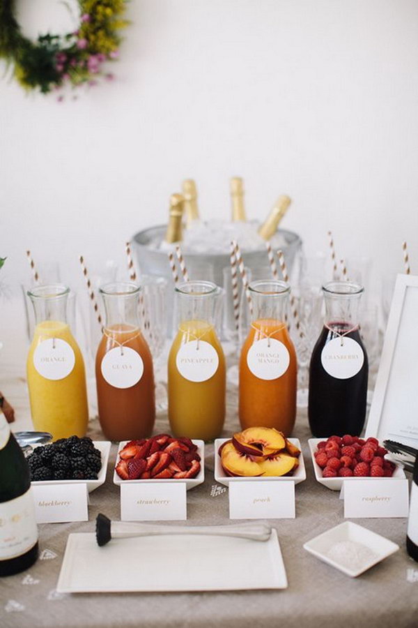 Creative Carafes Drink Station. Create a sparkling drink bar with dishes of various fruits and carafes of fruit juice or Italian sodas in a festive and casual touch.