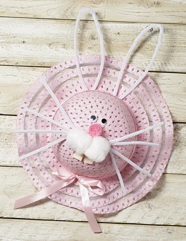 Cute Bunny Easter Bonnet. Try this cute bunny by applying pipe cleaners to make its whiskers as well as ears, glue its rectangle teeth and goodly eyes. Secure the bow ribbons for some decoration. Well, an adorable bunny is ready to greet you.
