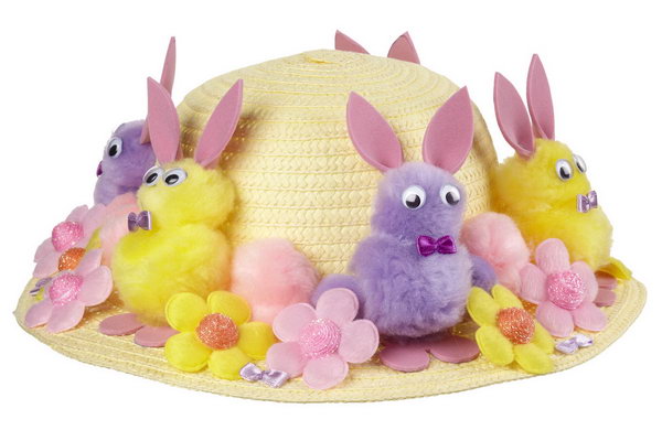Bunny Parade Bonnet. Create the bunny body by sticking pom poms of two different sizes, glue the eyes ,the bow and the ears from the pink sheets of foam. Decorate all the bunnies, flower embellishments on the plain hat.