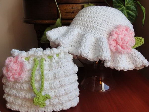 Easter Bonnet Dressy Hat. This adorable ester bonnet dressy hat is so well refined for your baby or young kids with crochet pattern. The dressy hat and the crochet purse are just a perfect match.