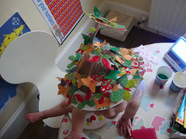Paper Plate Easter Bonnet. Start with a paper place and cut it out with rough spiral sketch. Using a regular straw to support it. Use butterflies with different patterns and color to decorate it.