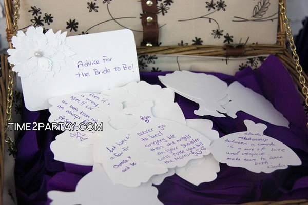 Advice for the Bride to Be. All the guests can write down some suggestions to the bride to be on the dress shaped card. All the advices are kept in a suitcase for the bride to be’s retrieval.