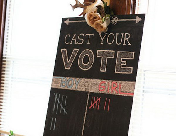 Chalk Board Gender Reveal Party. Plan your party by inviting guests to vote for the gender of the baby by signing on the chalkboard. Make the announcement at the end of the party. Guests who guess correctly can win a trinket to take it home as the prize.
