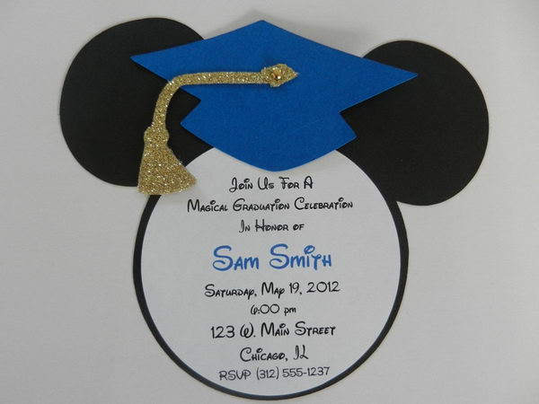 Mickey Mouse Inspire Graduation Announcement. Every guest must adore the cool shape of this graduation announcement. It features a Mickey mouse wearing bright blue graduation cap with gold glitter tassel and brad. 