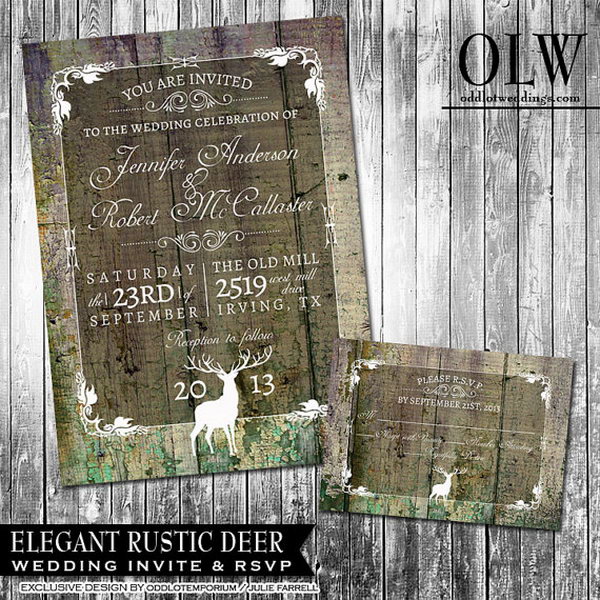 Rustic Graduation Announcement. This rustic graduation announcement features a mossy green faux wood background with a cool frame border and buck. Set up the tone for your graduation party with this fantastic art piece. 