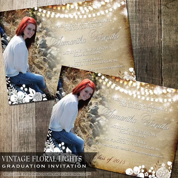 Rustic Vintage Floral Graduation Announcement. Everyone must be impressed by its faux parchment paper background, vintage flowers, hanging lights. All the details make it ornate and stunning for a unique and fashionable graduation announcement. 