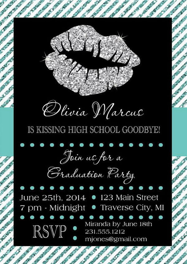 Kissing Goodbye Graduation Announcement. This stunning graduation announcement features a sparkling lip at the top to create a stunning visual effect for the invitation of your friends and relatives to celebrate your great event. 