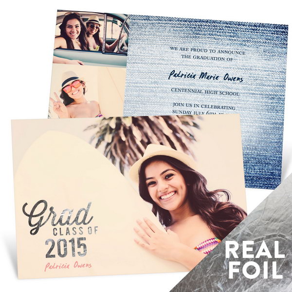 Silver Foil Graduation Announcement. Mark your graduation status with this adorable graduation announcement featuring a sparkling silver foil stamp on the front. Personalize your own with your name, date, graduation details as well as your favorite color to your characteristic style. 