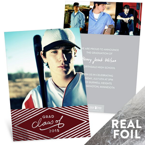 Silver Foil Diamond Graduation Announcement. Add up a dramatic look befitting your big news with this silver foil stamped diamond graduation announcement. Shape your personality with one large photo on the front and other three on the back. 