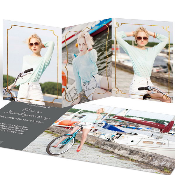 Faux Foil Frames Graduation Announcement. This graduation announcement features an unfolding accordion style, it can stand up nicely on its side to display. The vertically oriented photo bordered by a faux foil frame is perfect to showcase the graduate's character. 