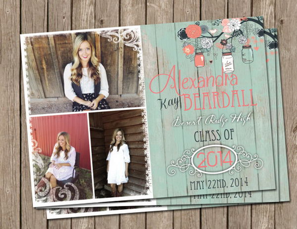 Rustic Graduation Announcement. Give off a fresh rustic look with this mint color graduation announcement. The rustic floral pattern will refresh your graduation announcement style to impress all your friends and relatives. 