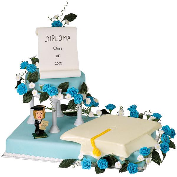 Congratulate the Graduate Cake. This well refined two tiered cake features a diploma and mortarboard for the great celebration of the graduate with a personalized character.
