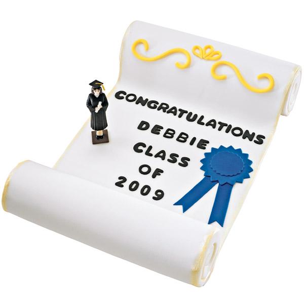 Senior Scroll Cake. Hats off to your graduate's success with this personalized three tiered cake! Decorate with black tinted fondant to create the message for alphabet and numbers.