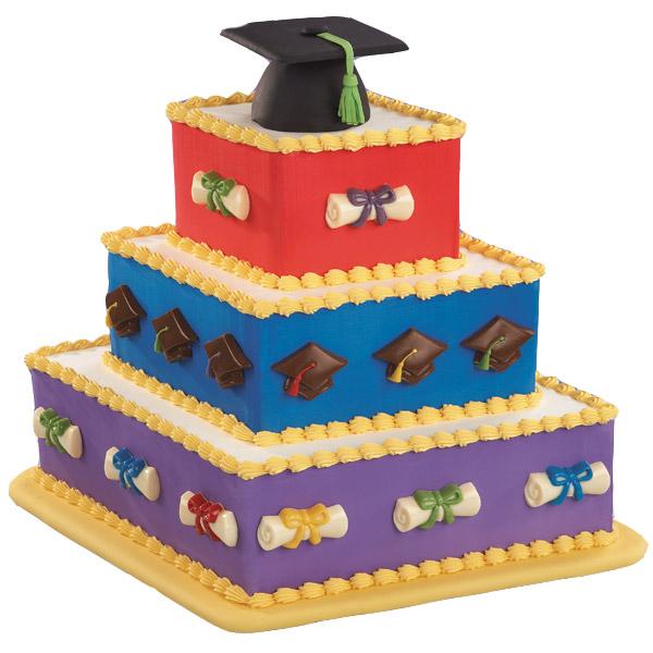 The Best and Brightest Cake. This gorgeous diamond shaped 4 tiered cake is really stunning with a mortarboard cake. The colorful cake side candy accents molded in the graduation lollipop adds more charm to this graduation cake.
