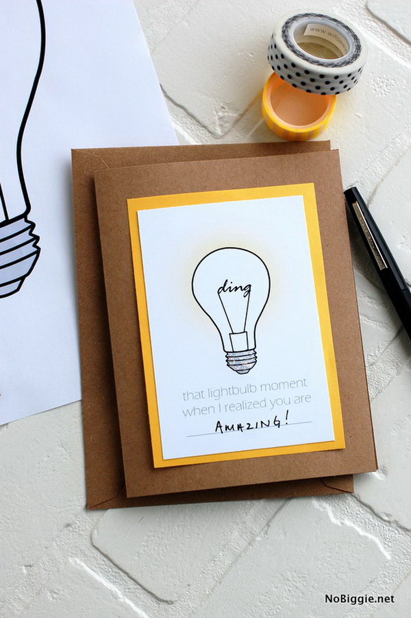 Lightbulb Graduation Card. Bring out the funny lightbulb print on simple bright yellow cardstocks. You can also add a bit of dimensional glitter glue to the edge of the light bulb to create the illumination effect. The graduate must indulge in such a fantastic card.