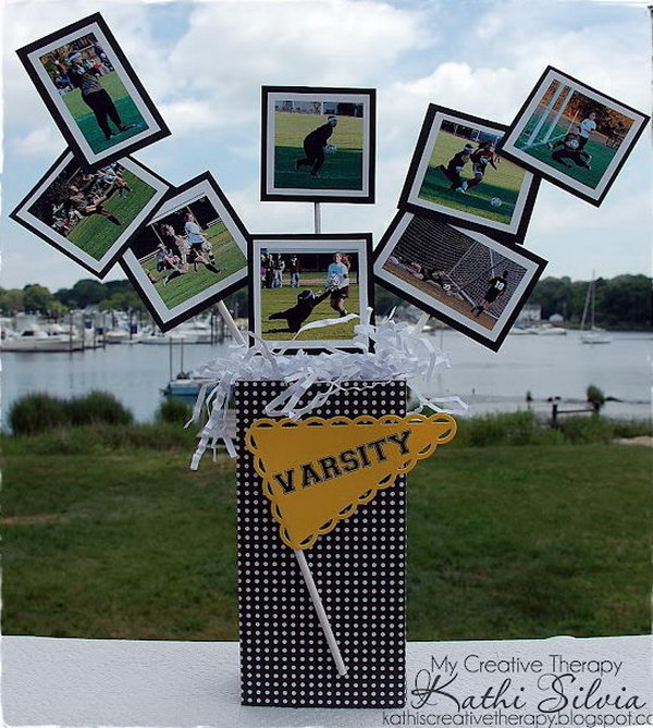 Graduation Party Centerpiece. Impress your graduation party with a printed out wallet sized pictures of different stages at school, mount them on CS and attach to lollipop sticks. Insert into wooden boxes and cover with coordinating papers.