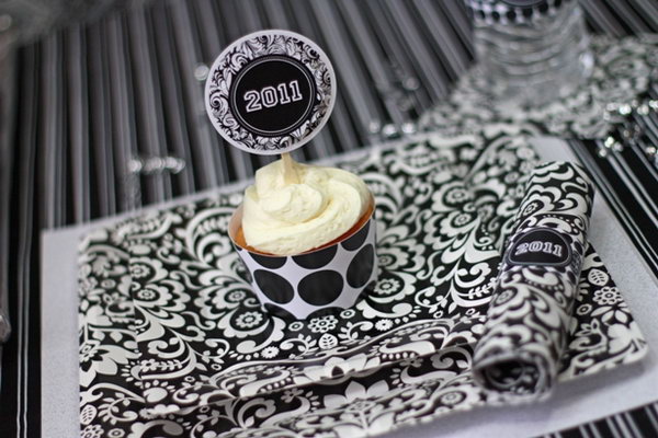 Black and White Graduation Party. Create this fabulous graduation party collection in honor of the accomplishments of the graduate with black and white damask plates and napkins, brush stroke cupcake wrappers.