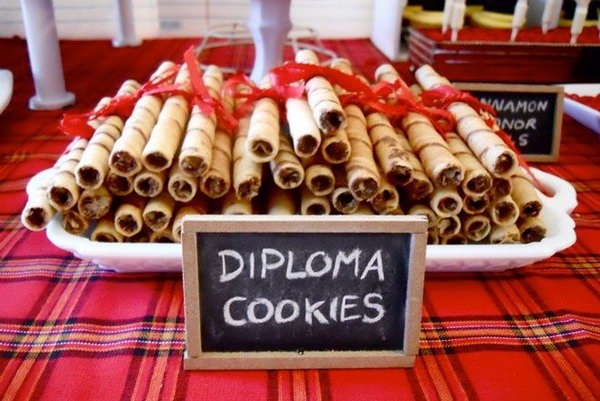 Diploma Cookies. Where you intend to plan a giant blow or small gathering with your intimate friends, this diploma graduation themed finger food will definitely get your party dolled up with sweet desserts in fantastic shapes.