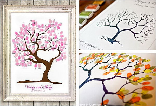 Fingerprint Guestbook Idea. How to create an art piece for your guest book? Invite your guest to add their thumb prints to create leaves instead of placing signatures or messages to break out from the ordinary way.