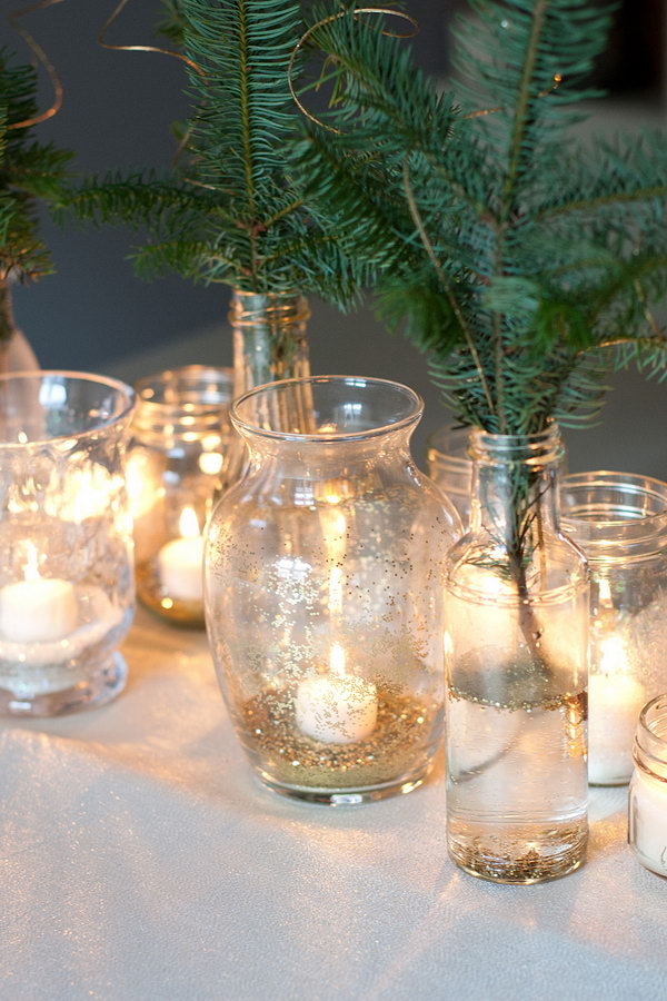 Sparkling Party Idea. Place some sparkling confetti at the bottom of the glass jars and vases. Glitter them up with candles. You can also use recycled cut off branches from Christmas tree as the floral centerpiece. Place glitter floating around in the water as the floral centerpiece. I really appreciate the romantic look of this party idea.