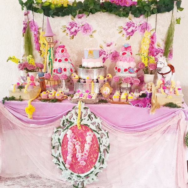 Rapunzel and Tangled Princess Party. Every princess must have dreamed about being crowded by the sea of flowers. I really adore this party for its beautiful floral mosait piece attached to the front of the dessert table, fabulous cake, sugar flowers topped cupcakes and the incredible floral backdrop. 