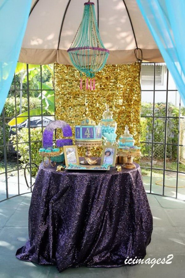 Aladdin Themed Princess Party. This luxury princess party will impress any princess by its shimmering backdrop, glittering purple table cover and other sweet favors and desserts. 